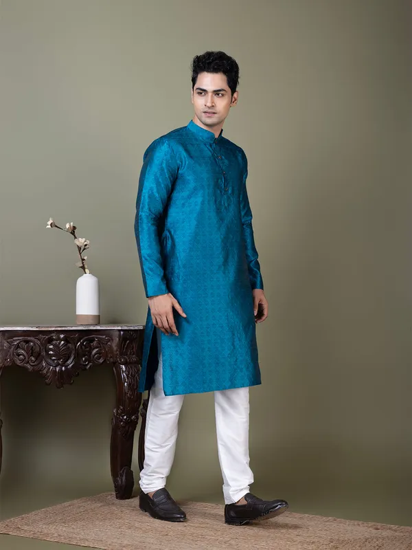 Blue_Mandarin_Collar_Jacquard_Kurta_With_Pyjama_For_Men