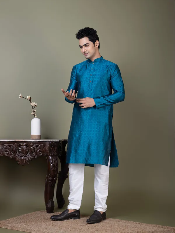 Blue_Mandarin_Collar_Jacquard_Kurta_With_Pyjama_For_Men