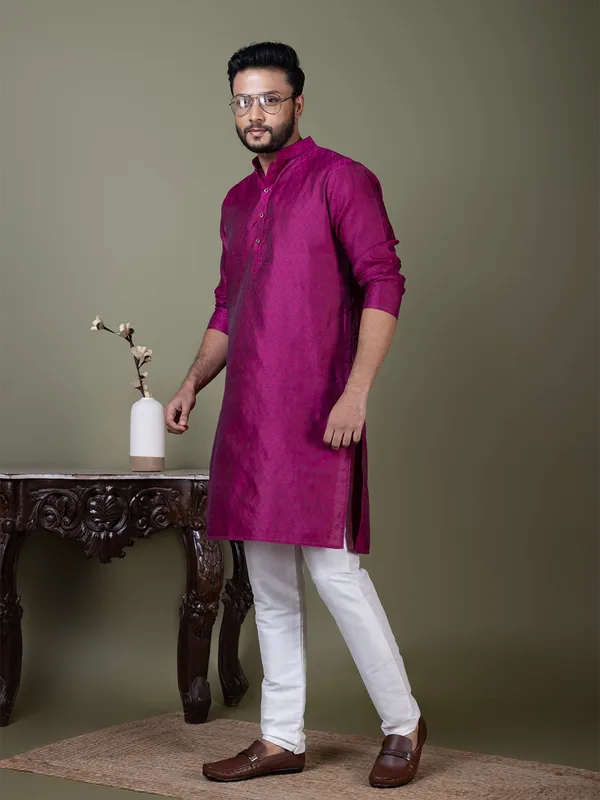 Purple_Mandarin_Collar_Jacquard_Kurta_With_Pyjama_For_Men