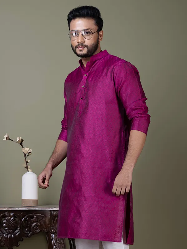 Purple_Mandarin_Collar_Jacquard_Kurta_With_Pyjama_For_Men