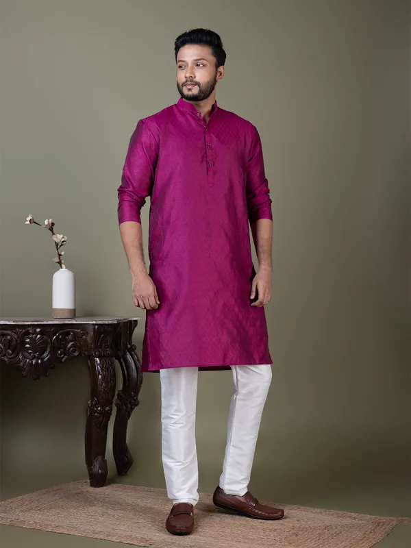 Purple_Mandarin_Collar_Jacquard_Kurta_With_Pyjama_For_Men