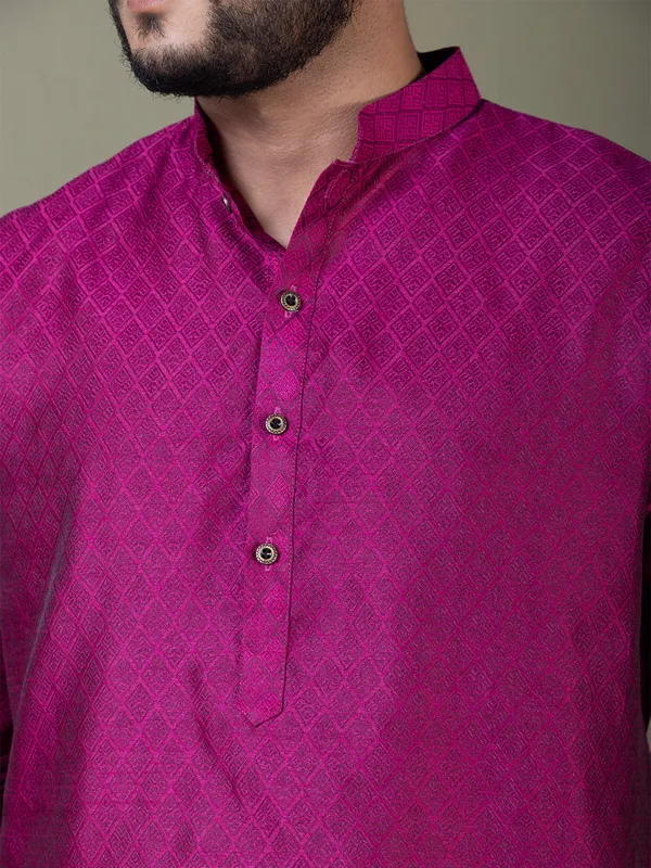 Purple_Mandarin_Collar_Jacquard_Kurta_With_Pyjama_For_Men