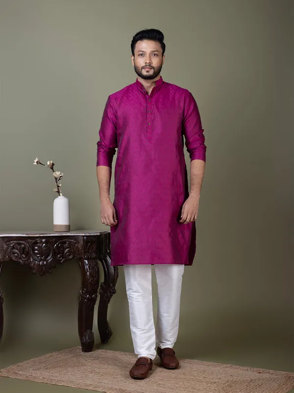 Purple_Mandarin_Collar_Jacquard_Kurta_With_Pyjama_For_Men