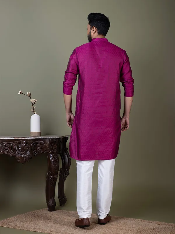 Purple_Mandarin_Collar_Jacquard_Kurta_With_Pyjama_For_Men