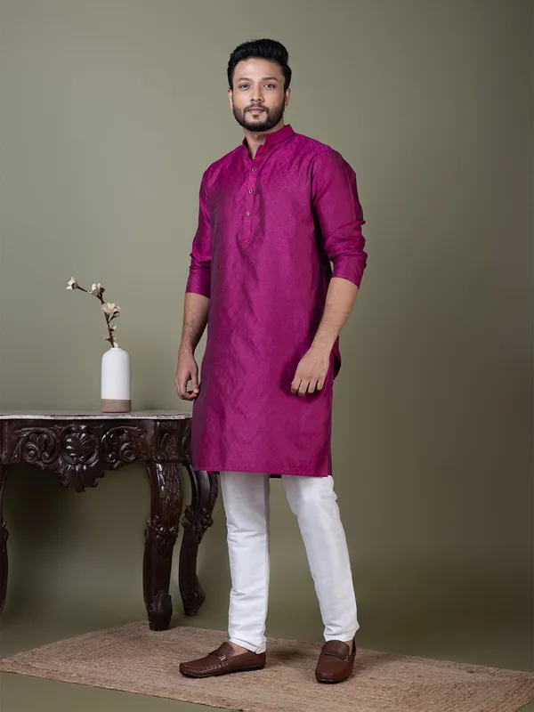 Purple_Mandarin_Collar_Jacquard_Kurta_With_Pyjama_For_Men