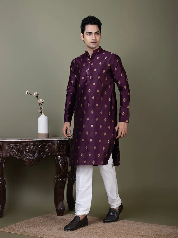 Purple_Mandarin_Collar_Jacquard_Kurta_With_Pyjama_For_Men
