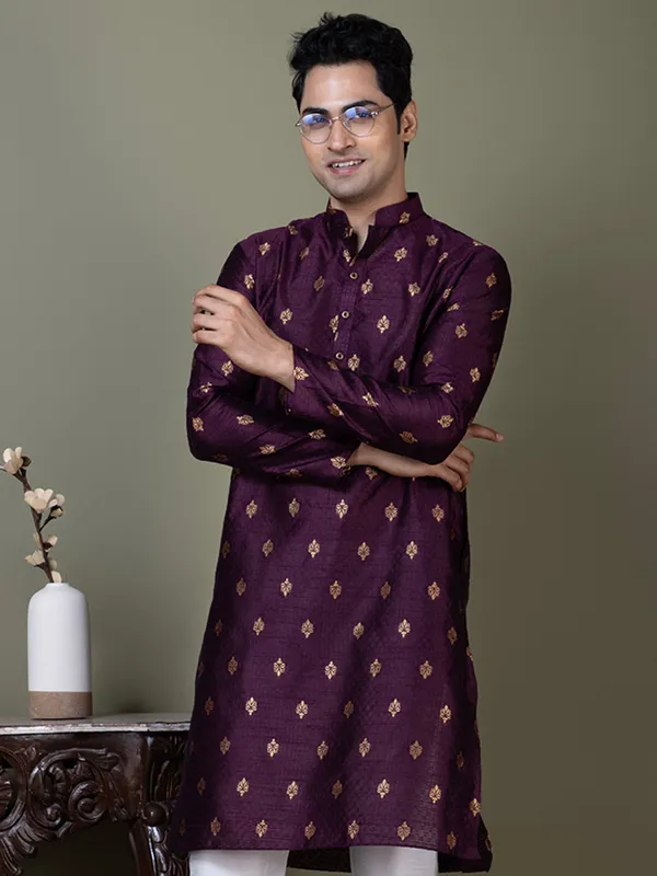 Purple_Mandarin_Collar_Jacquard_Kurta_With_Pyjama_For_Men