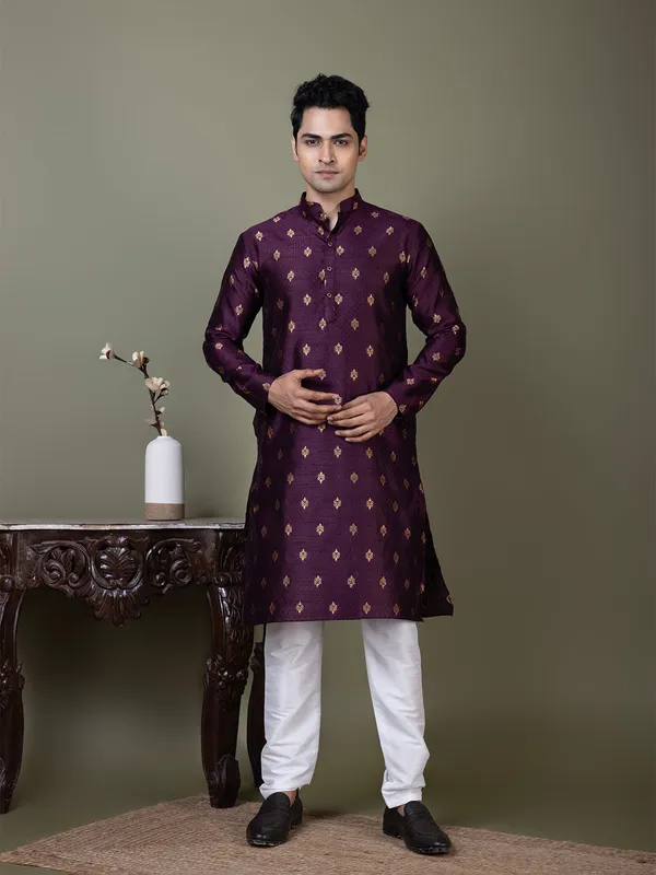 Purple_Mandarin_Collar_Jacquard_Kurta_With_Pyjama_For_Men