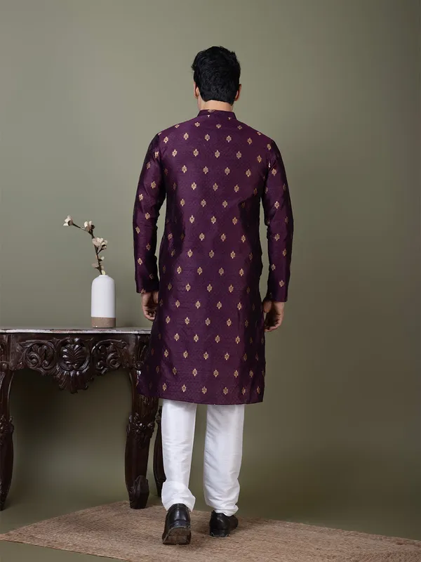 Purple_Mandarin_Collar_Jacquard_Kurta_With_Pyjama_For_Men