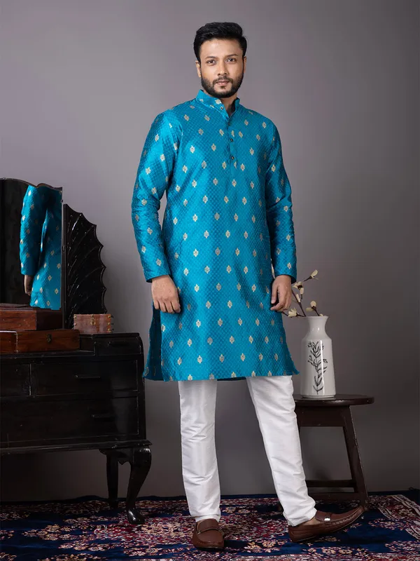 Blue_Mandarin_Collar_Jacquard_Kurta_With_Pyjama_For_Men