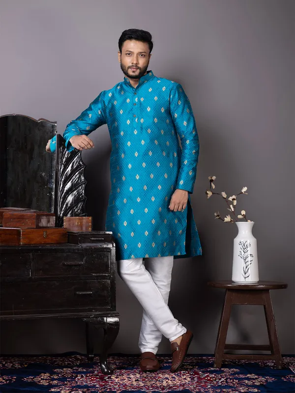 Blue_Mandarin_Collar_Jacquard_Kurta_With_Pyjama_For_Men