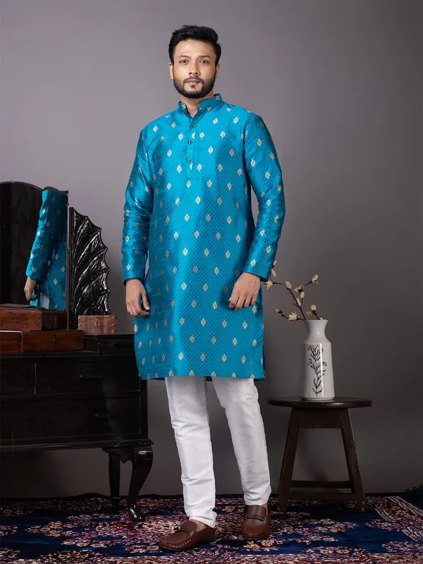 Blue_Mandarin_Collar_Jacquard_Kurta_With_Pyjama_For_Men