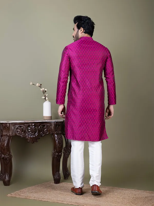 Purple_Mandarin_Collar_Jacquard_Kurta_With_Pyjama_For_Men
