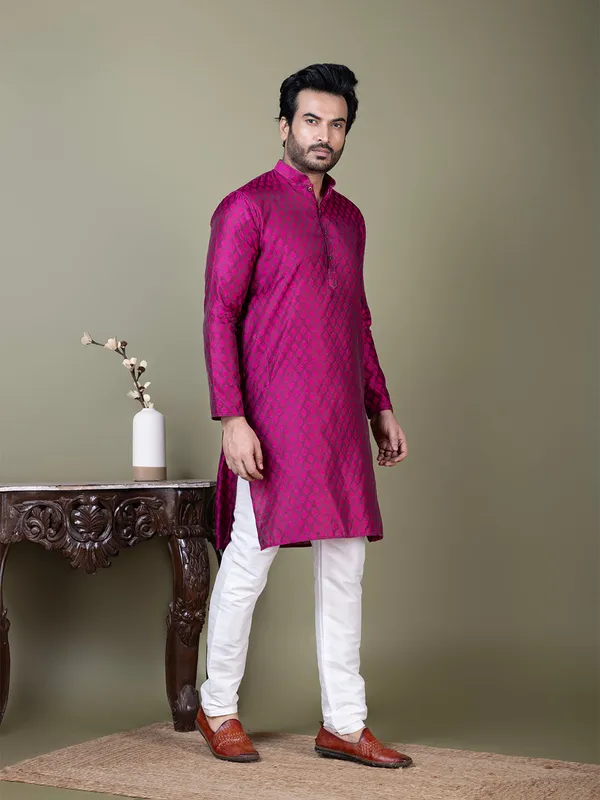Purple_Mandarin_Collar_Jacquard_Kurta_With_Pyjama_For_Men