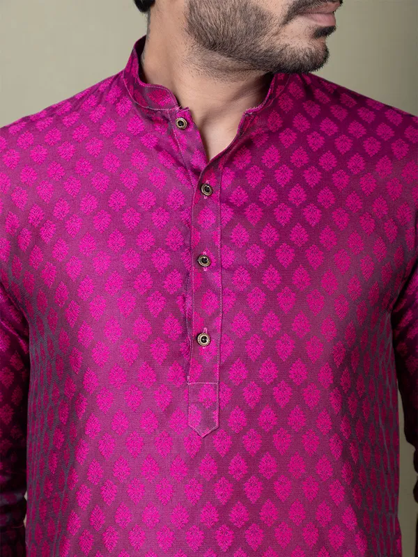 Purple_Mandarin_Collar_Jacquard_Kurta_With_Pyjama_For_Men