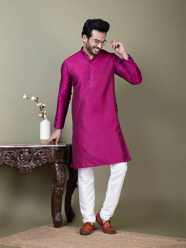 Purple_Mandarin_Collar_Jacquard_Kurta_With_Pyjama_For_Men