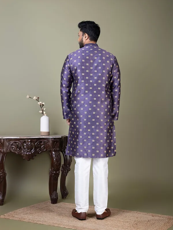 Purple_Mandarin_Collar_Jacquard_Kurta_With_Pyjama_For_Men