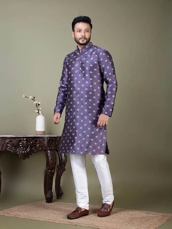 Purple_Mandarin_Collar_Jacquard_Kurta_With_Pyjama_For_Men