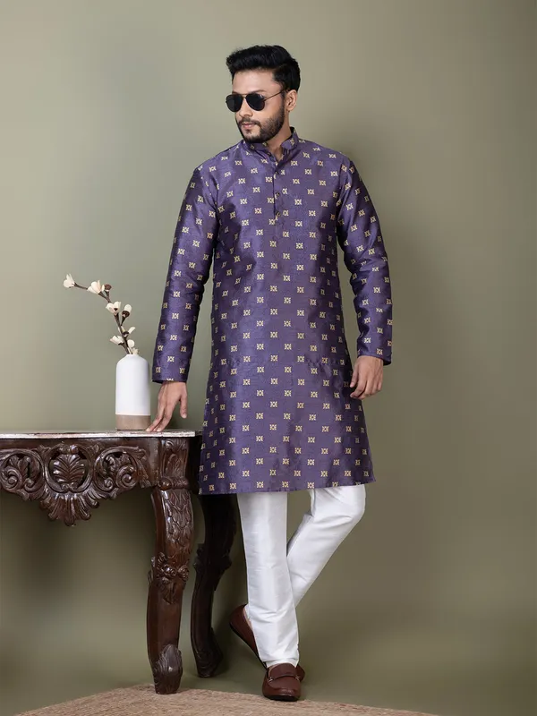 Purple_Mandarin_Collar_Jacquard_Kurta_With_Pyjama_For_Men
