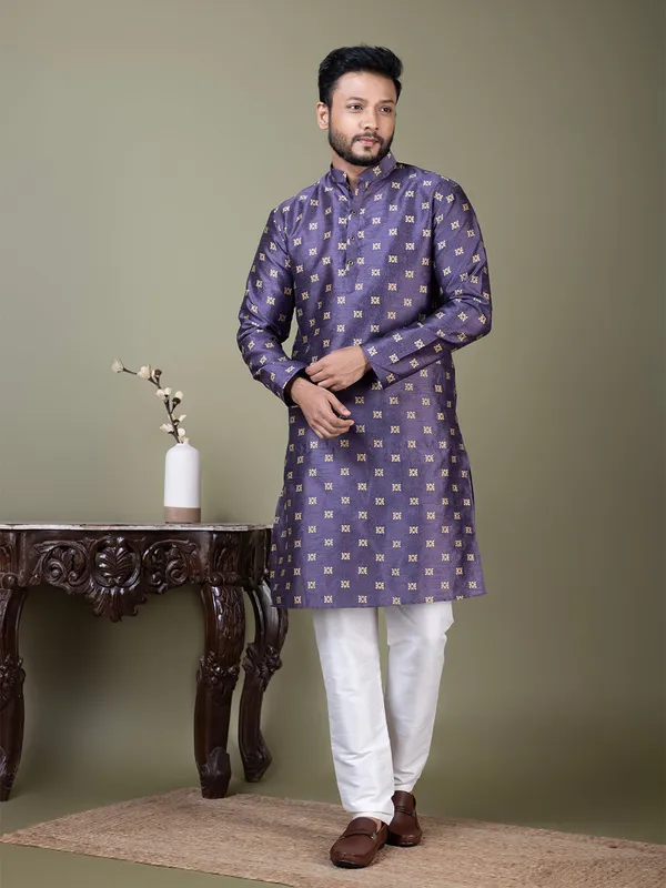 Purple_Mandarin_Collar_Jacquard_Kurta_With_Pyjama_For_Men