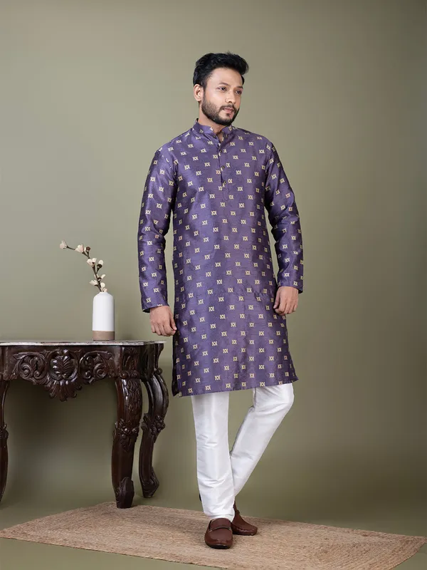 Purple_Mandarin_Collar_Jacquard_Kurta_With_Pyjama_For_Men