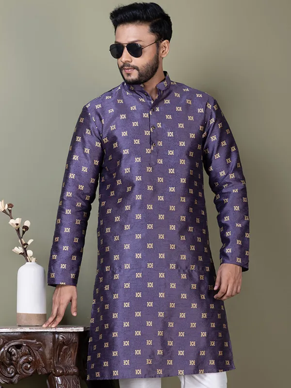 Purple_Mandarin_Collar_Jacquard_Kurta_With_Pyjama_For_Men
