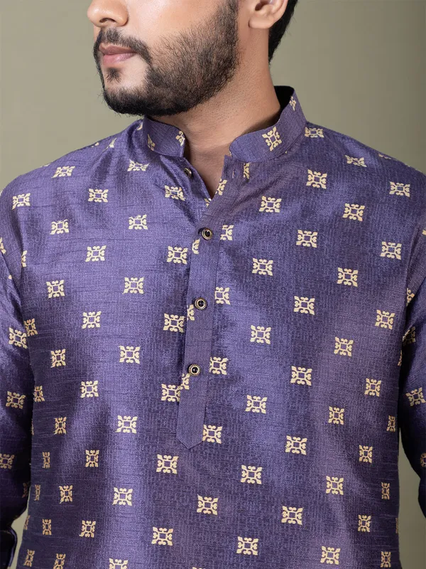 Purple_Mandarin_Collar_Jacquard_Kurta_With_Pyjama_For_Men