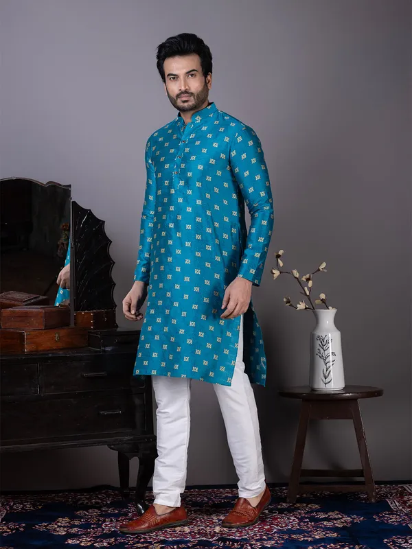 Blue_Mandarin_Collar_Jacquard_Kurta_With_Pyjama_For_Men