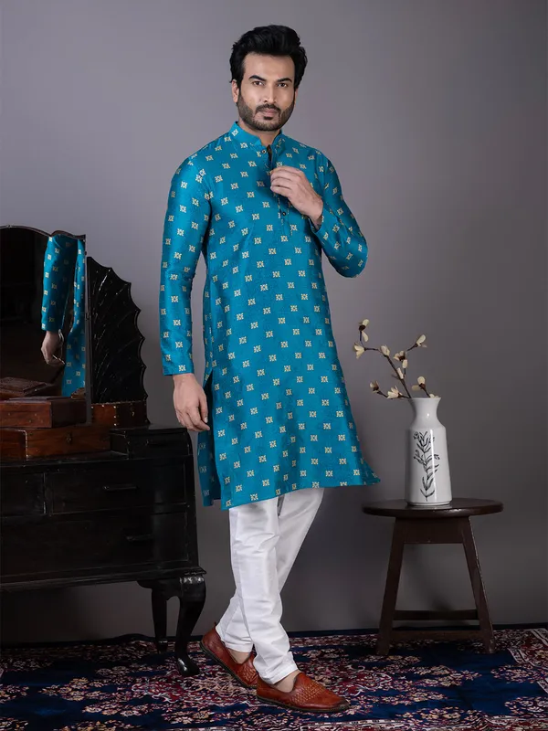 Blue_Mandarin_Collar_Jacquard_Kurta_With_Pyjama_For_Men
