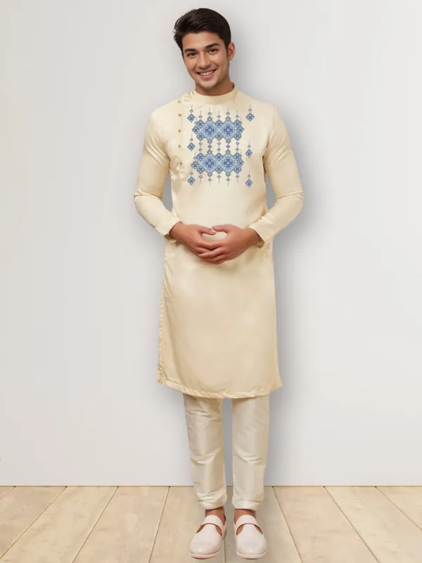 Beige_Side_Placket_Printed_Kurta_With_Pyjama_Set_For_Men