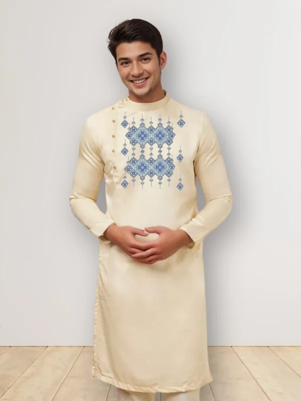 Beige_Side_Placket_Printed_Kurta_With_Pyjama_Set_For_Men