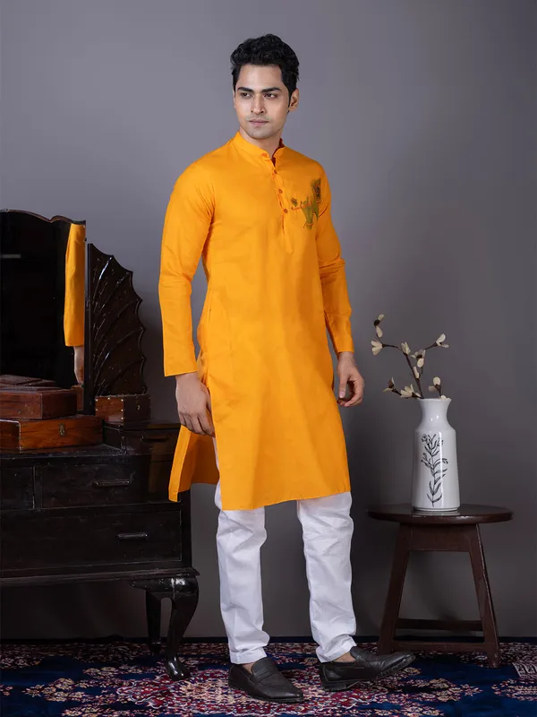 Orange_Printed_Kurta_Pyjama_Set_For_Men