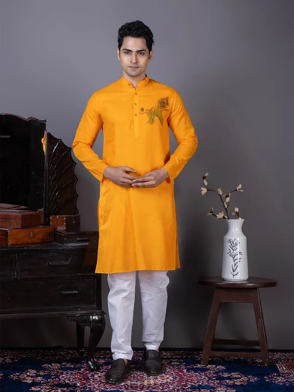 Orange_Printed_Kurta_Pyjama_Set_For_Men