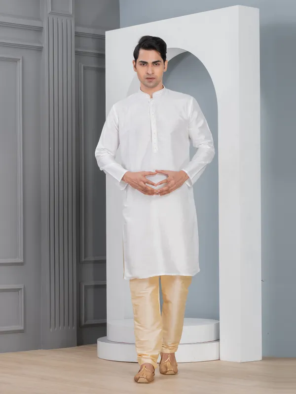 White_Solid_Festive_Straight_Kurta_With_Pyjama_Set_For_Men