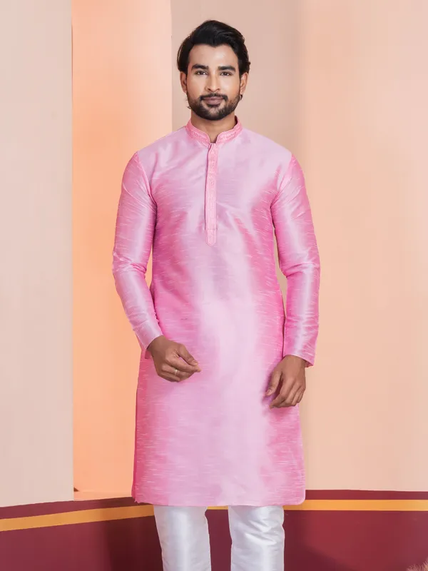 Pink_Embroidered_Thread_Work_Straight_Kurta_With_Pyjama_Set_For_Men