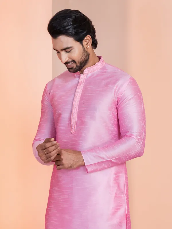 Pink_Embroidered_Thread_Work_Straight_Kurta_With_Pyjama_Set_For_Men