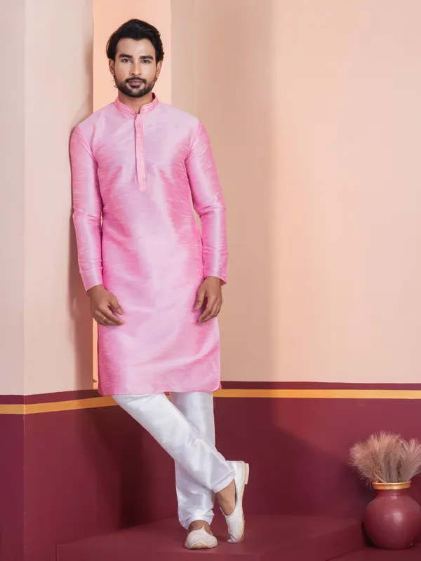Pink_Embroidered_Thread_Work_Straight_Kurta_With_Pyjama_Set_For_Men