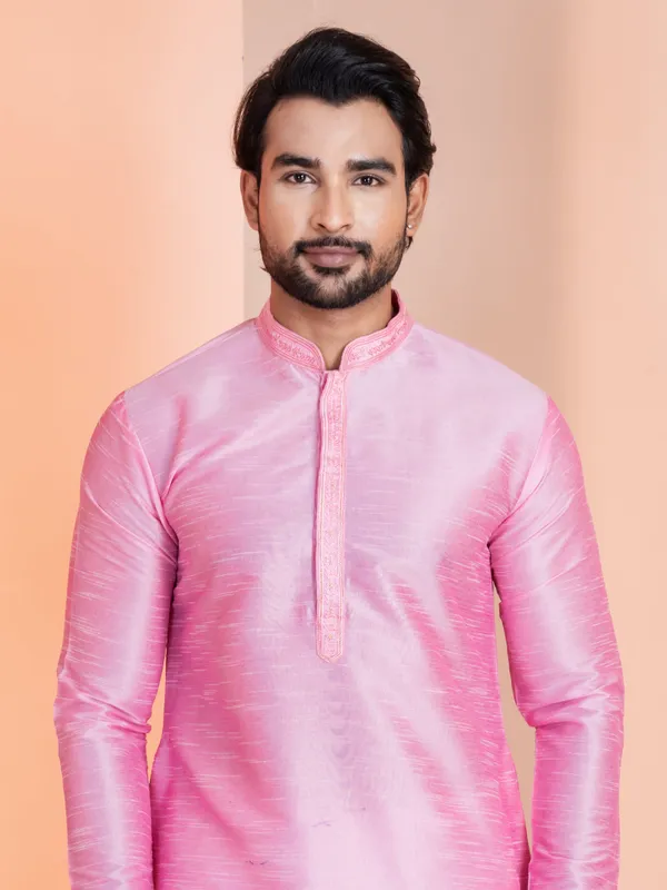 Pink_Embroidered_Thread_Work_Straight_Kurta_With_Pyjama_Set_For_Men