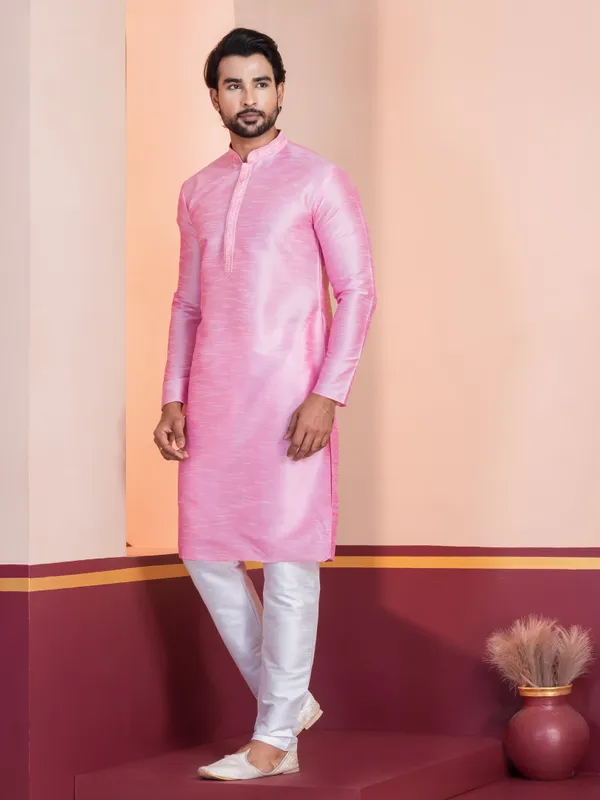 Pink_Embroidered_Thread_Work_Straight_Kurta_With_Pyjama_Set_For_Men