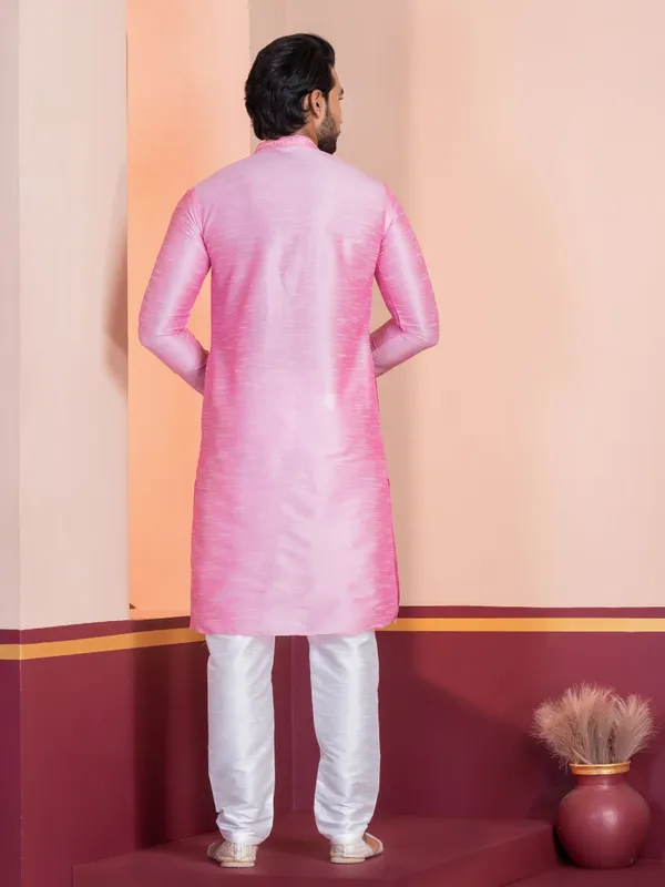 Pink_Embroidered_Thread_Work_Straight_Kurta_With_Pyjama_Set_For_Men