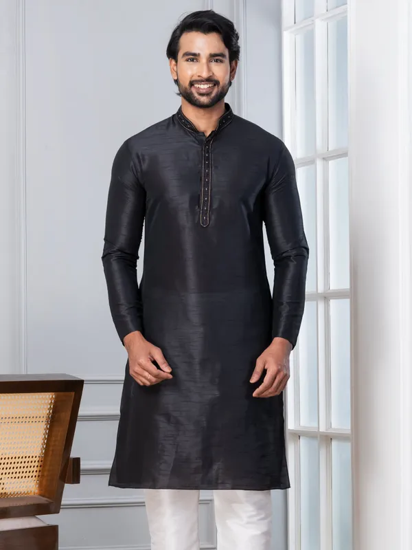 Black_Woven_Design_Festive_Straight_Kurta_With_Pyjama_Set_For_Men