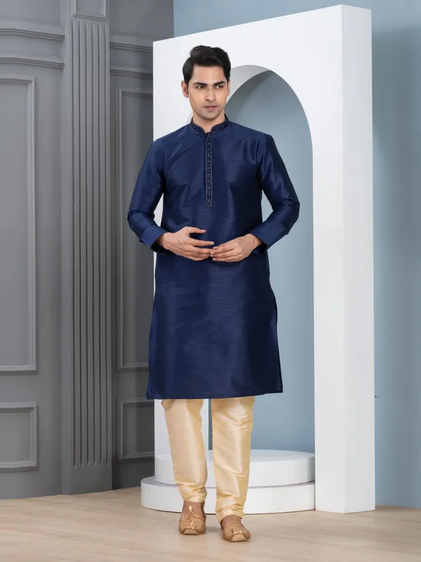 Navy_Woven_Design_Festive_Straight_Kurta_With_Pyjama_Set_For_Men
