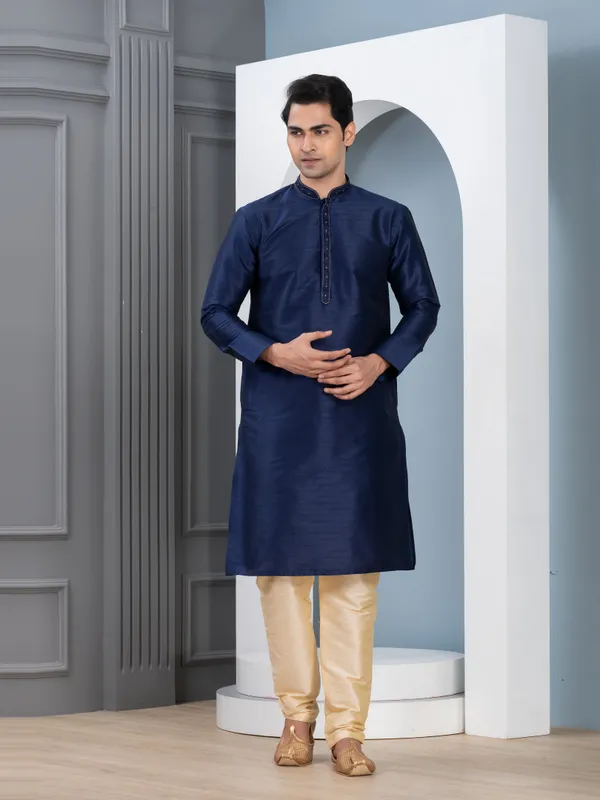 Navy_Woven_Design_Festive_Straight_Kurta_With_Pyjama_Set_For_Men