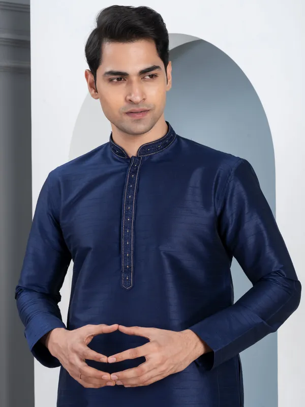 Navy_Woven_Design_Festive_Straight_Kurta_With_Pyjama_Set_For_Men