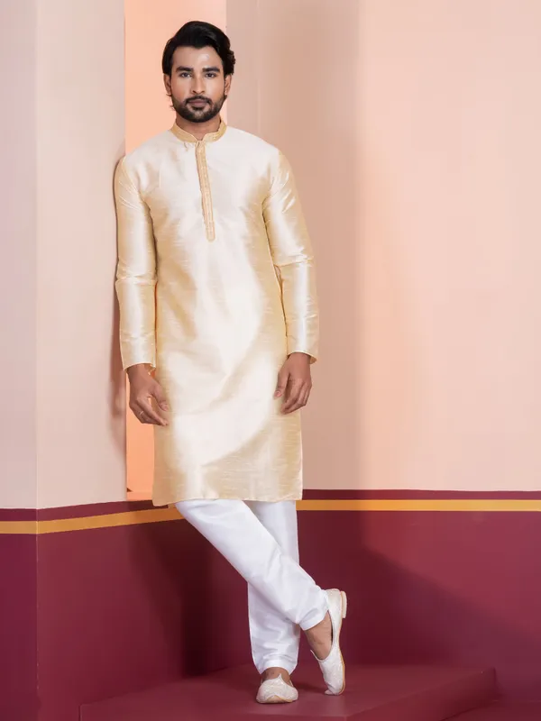 Beige_Woven_Design_Mandarin_Collar_Thread_Work_Straight_Kurta_With_Pyjama_Set_For_Men