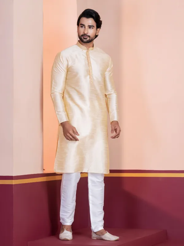 Beige_Woven_Design_Mandarin_Collar_Thread_Work_Straight_Kurta_With_Pyjama_Set_For_Men