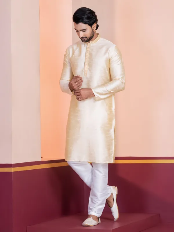 Beige_Woven_Design_Mandarin_Collar_Thread_Work_Straight_Kurta_With_Pyjama_Set_For_Men