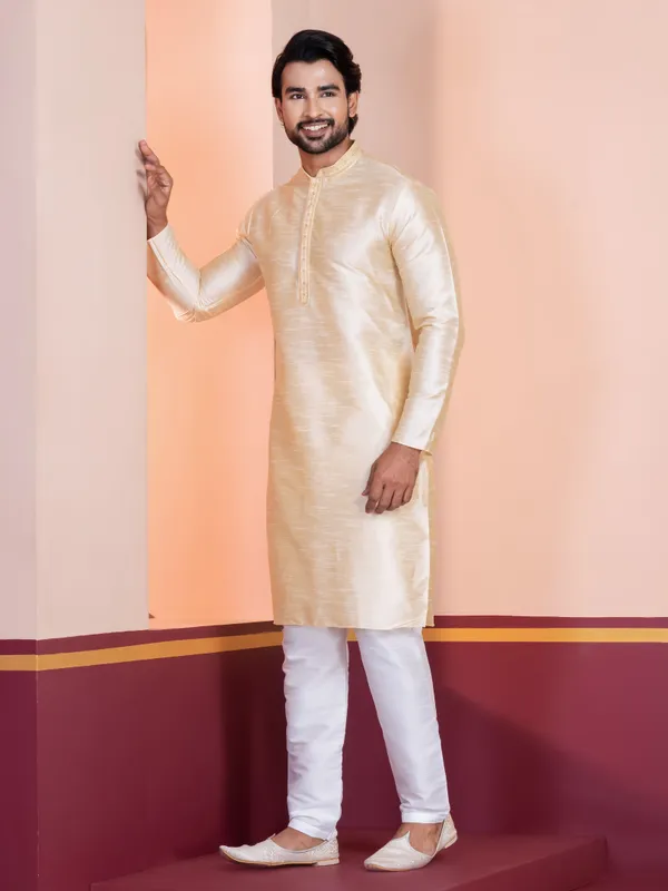 Beige_Woven_Design_Mandarin_Collar_Thread_Work_Straight_Kurta_With_Pyjama_Set_For_Men