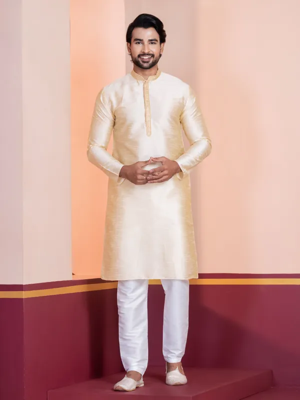 Beige_Woven_Design_Mandarin_Collar_Thread_Work_Straight_Kurta_With_Pyjama_Set_For_Men