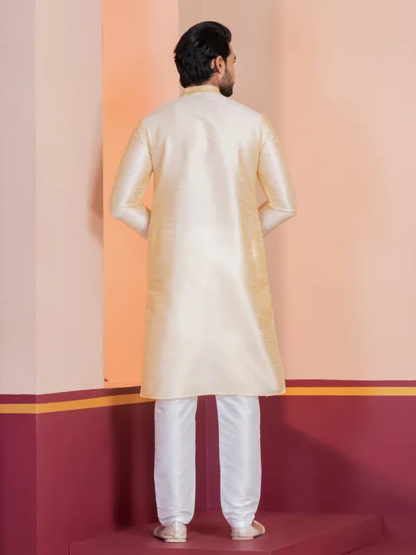 Beige_Woven_Design_Mandarin_Collar_Thread_Work_Straight_Kurta_With_Pyjama_Set_For_Men
